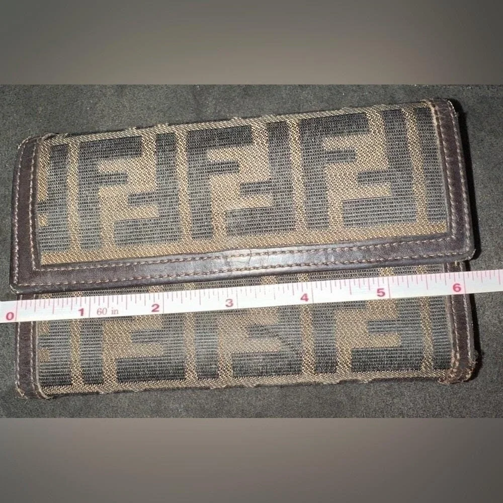 Fendi Zucca Print Canvas Leather Trim Bi Fold Wallet Brown Authentic Designer